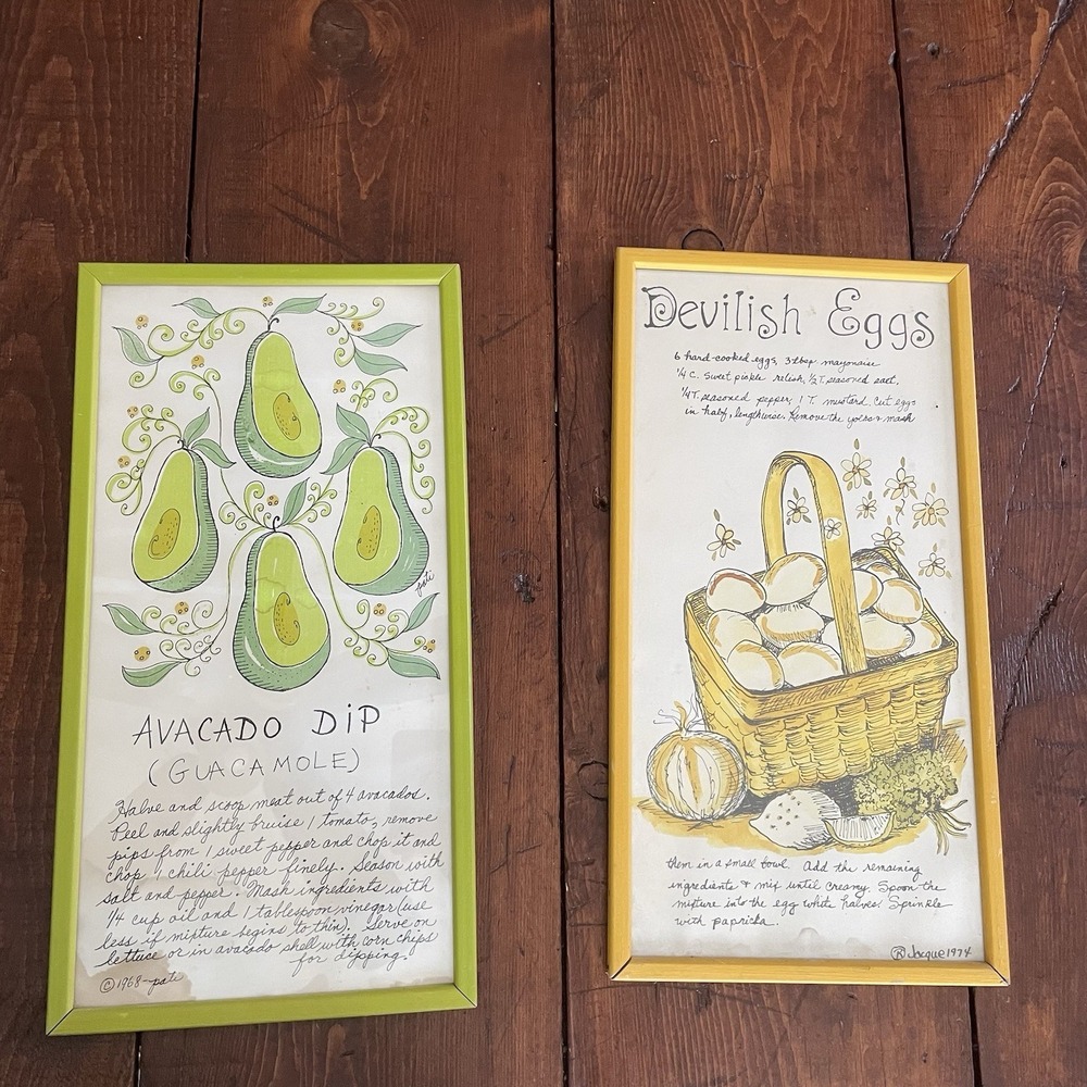 Vintage 1960'S/70'S Jacque Recipe Framed Prints Handmade Signed Set 2 MCM 17x 9"